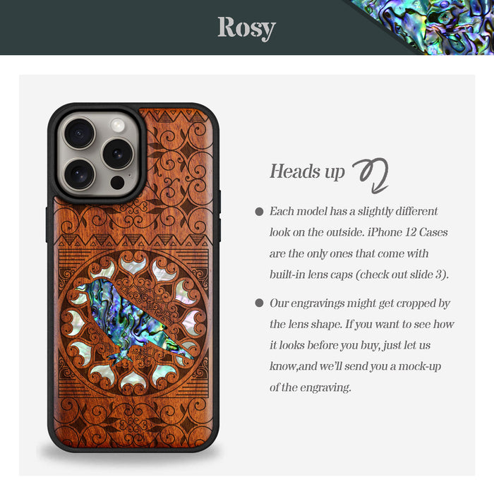 The Zentangle Crow, Hand-Inlaid Wood & Mother of Pearl Case - Artisanal Cover for Apple iPhone