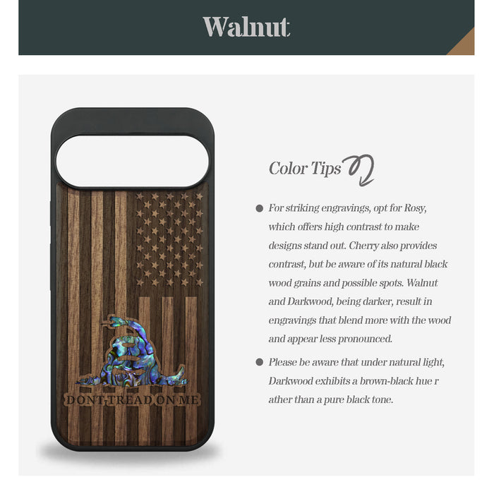 The Gadsden Flag Reenvisioned, Hand-Inlaid Wood & Mother of Pearl Case - Artisanal Cover for Google Pixel