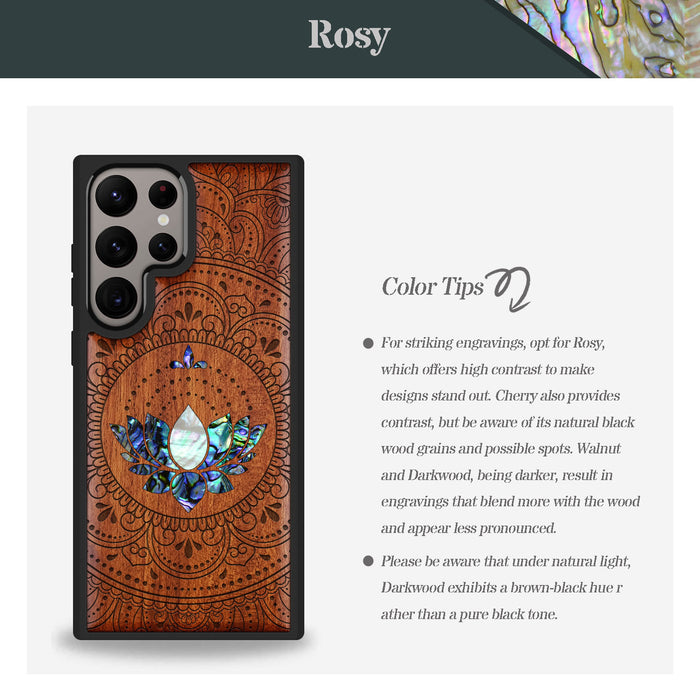 Lotus Mandala Essence, Hand-Inlaid Wood & Mother of Pearl Case - Artisanal Cover for Samsung Galaxy
