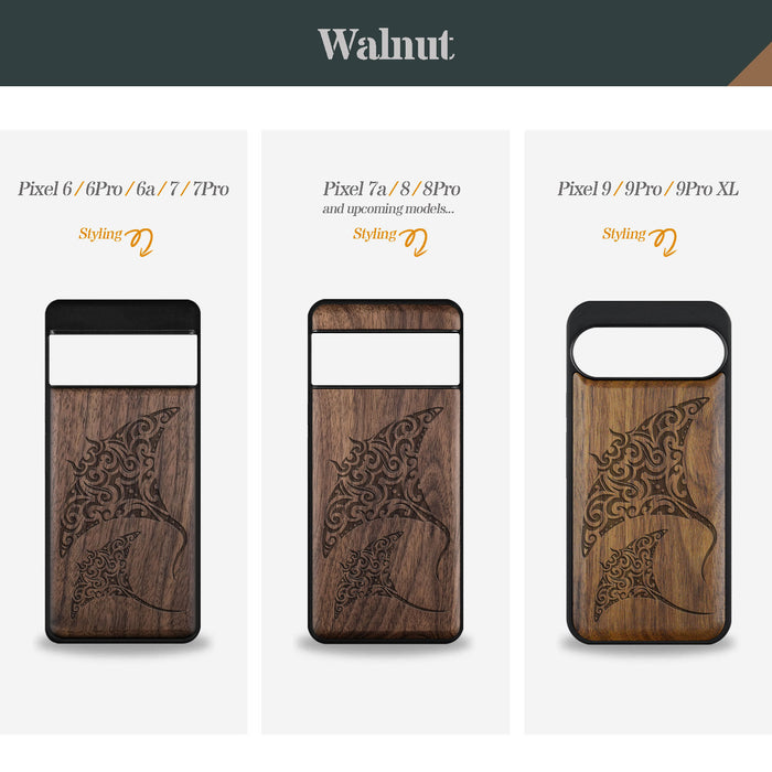 Polynesian Manta Rays, Classic Engraved Wood & TPU Case - Artisanal Cover for Google Pixel