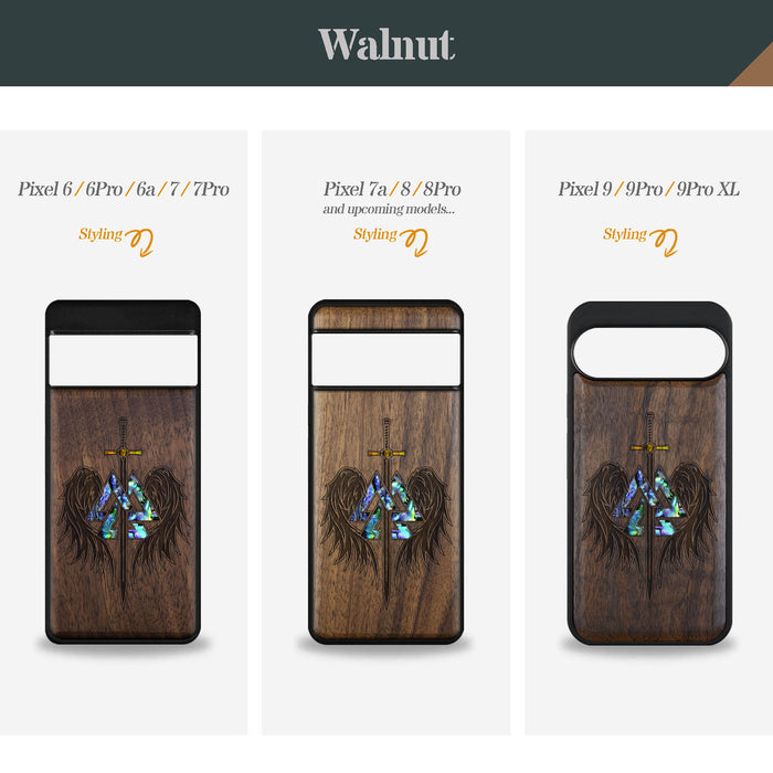 Wings of Valor Essence, Hand-Inlaid Wood & Mother of Pearl Case - Artisanal Cover for Google Pixel