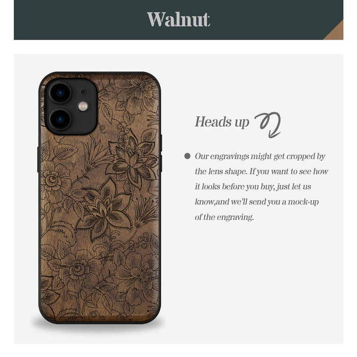 A Seamless Pattern of Flowers and Leaves, Classic Engraved Wood & TPU Case - Artisanal Cover for Apple iPhone