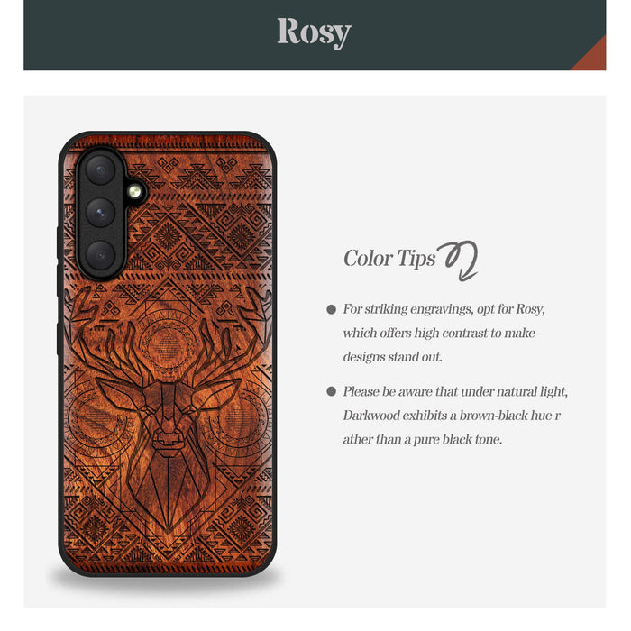 Geometric Deer Amidst Intricate Patterns, Classic Engraved Wood & TPU Case - Artisanal Cover for Samsung Galaxy