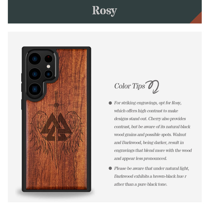 Valknut and Sword, Classic Engraved Wood & TPU Case - Artisanal Cover for Samsung Galaxy