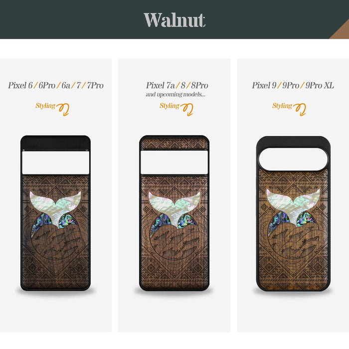 The Whale's Song Amidst Aztec Waves, Hand-Inlaid Wood & Mother of Pearl Case - Artisanal Cover for Google Pixel