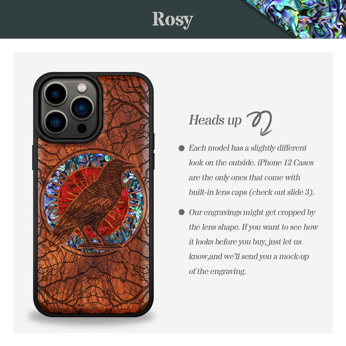 The Haloed Crow, Hand-Inlaid Wood & Mother of Pearl Case - Artisanal Cover for Apple iPhone