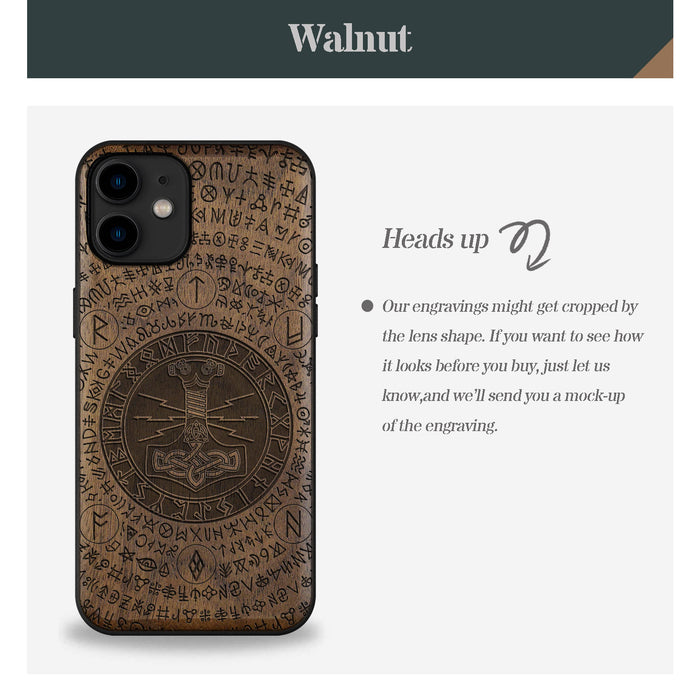 Mjölnir and the Runes, Classic Engraved Wood & TPU Case - Artisanal Cover for Apple iPhone