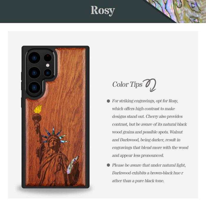 Statue of Liberty, Hand-Inlaid Wood & Mother of Pearl Case - Artisanal Cover for Samsung Galaxy