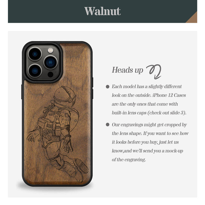 The Floating Astronaut, Classic Engraved Wood & TPU Case - Artisanal Cover for Apple iPhone