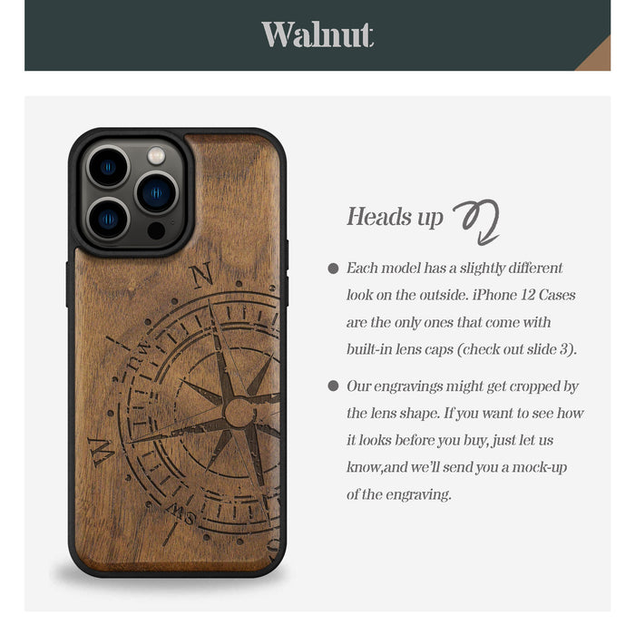 The Incomplete Compass, Classic Engraved Wood & TPU Case - Artisanal Cover for Apple iPhone