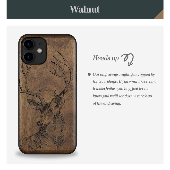 The Half-Length Deer Linework Art, Classic Engraved Wood & TPU Case - Artisanal Cover for Apple iPhone