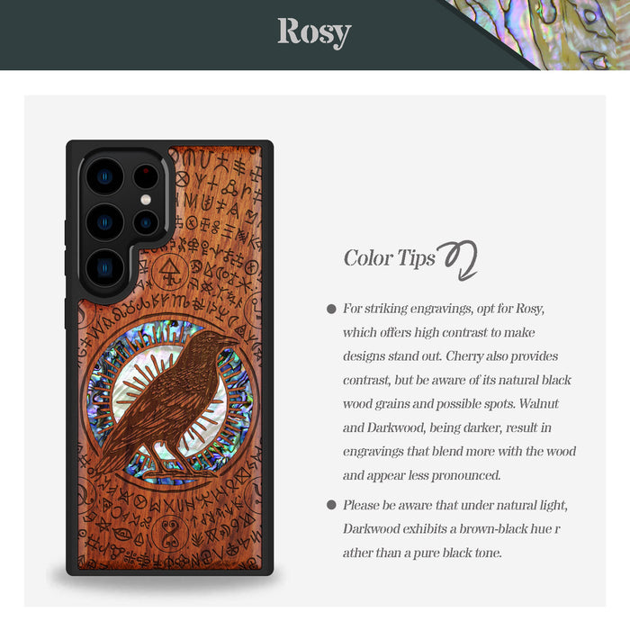 The Haloed Crow, Hand-Inlaid Wood & Mother of Pearl Case - Artisanal Cover for Samsung Galaxy