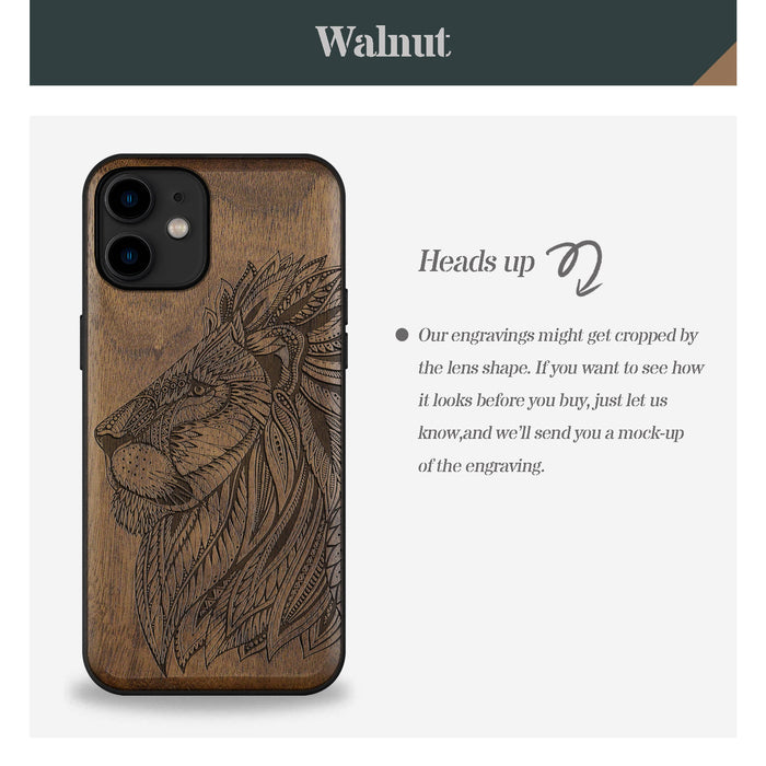 The Ornate Lion's Head, Classic Engraved Wood & TPU Case - Artisanal Cover for Apple iPhone