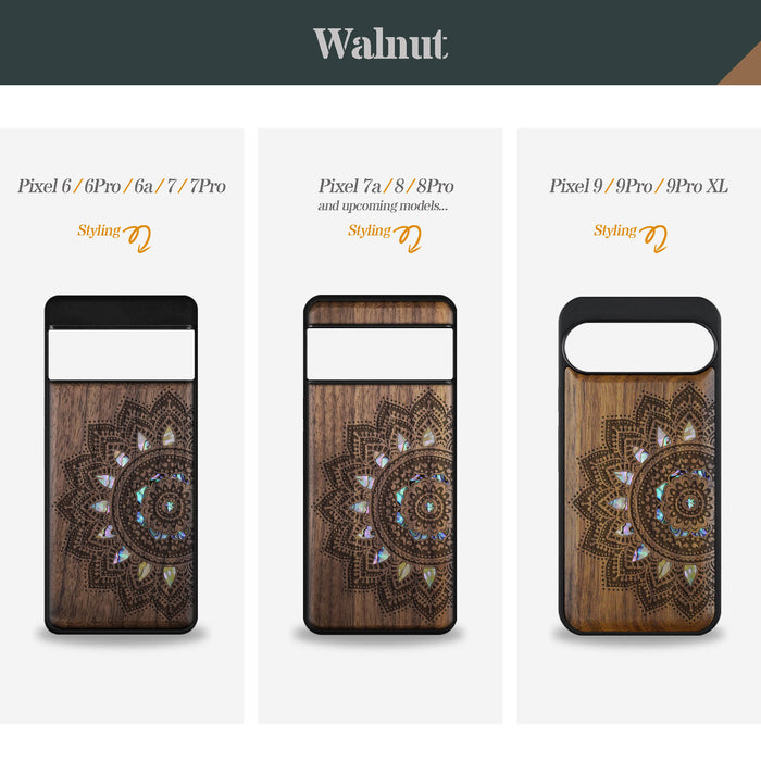 The Half Mandala Lace Art, Hand-Inlaid Wood & Mother of Pearl Case - Artisanal Cover for Google Pixel