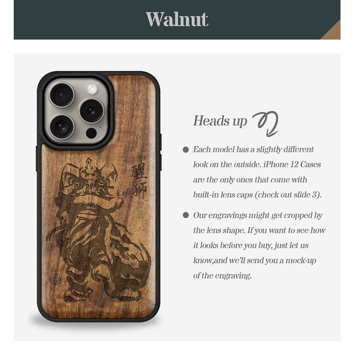 Lunar Lion, Classic Engraved Wood & TPU Case - Artisanal Cover for Apple iPhone