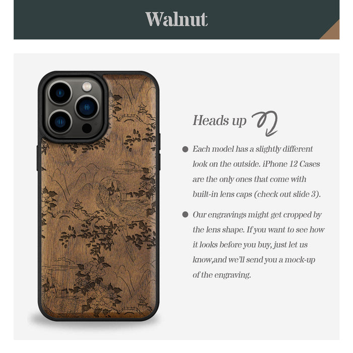 Oriental Elegance, Classic Engraved Wood & TPU Case - Artisanal Cover for Apple iPhone