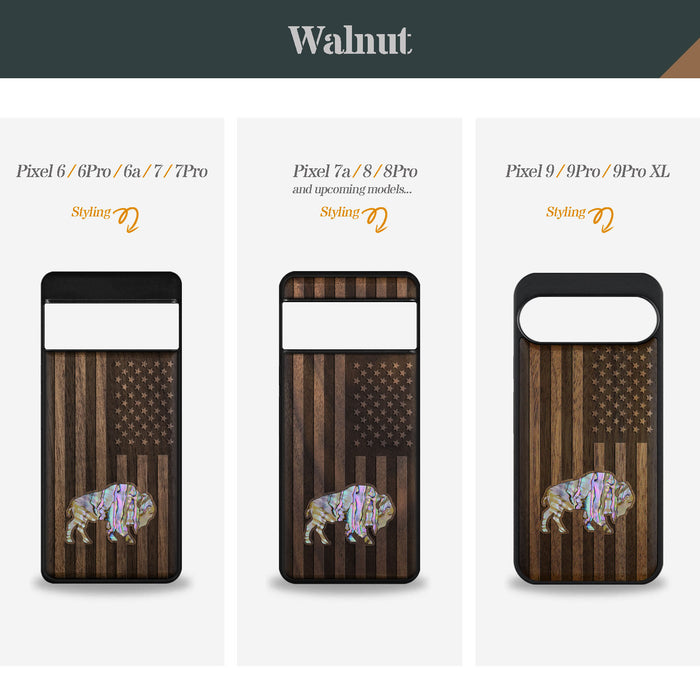 American Flag, Bison, Hand-Inlaid Wood & Mother of Pearl Case - Artisanal Cover for Google Pixel