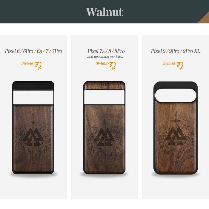 Valknut and Sword, Classic Engraved Wood & TPU Case - Artisanal Cover for Google Pixel