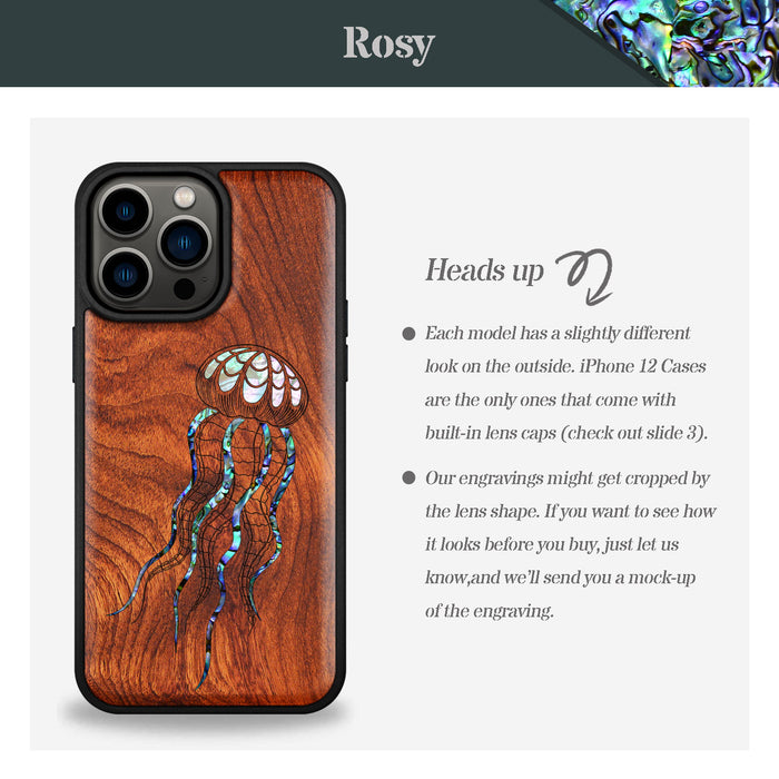 Zentangle Art Jellyfish, Hand-Inlaid Wood & Mother of Pearl Case - Artisanal Cover for Apple iPhone