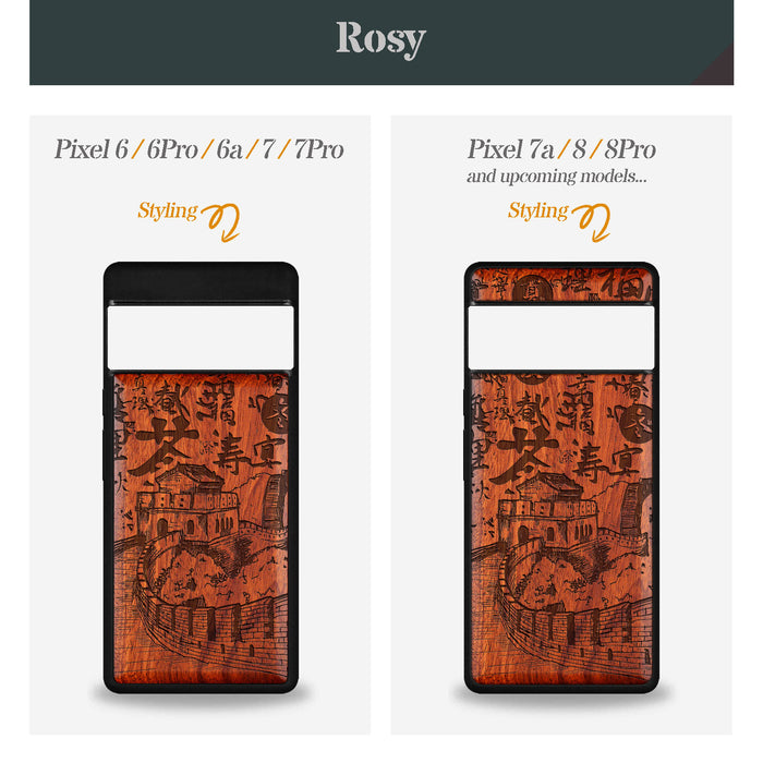 Hand Drawn Great Wall of China, Classic Engraved Wood & TPU Case - Artisanal Cover for Google Pixel