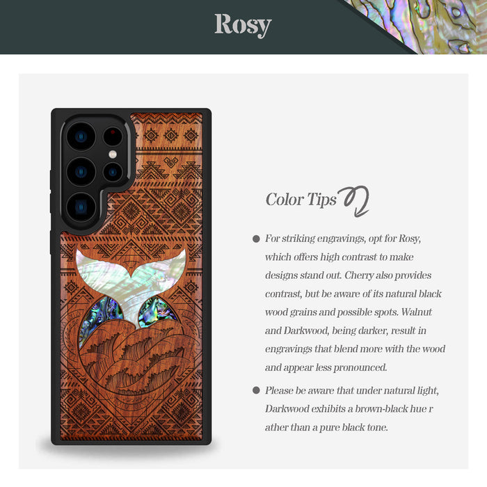 The Whale's Song Amidst Aztec Waves, Hand-Inlaid Wood & Mother of Pearl Case - Artisanal Cover for Samsung Galaxy