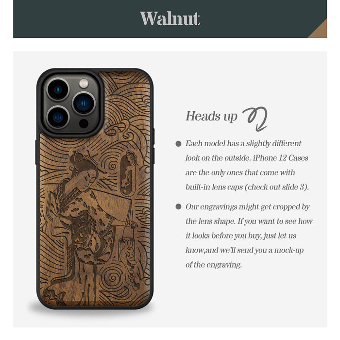 Geisha and the Curling Waves, Classic Engraved Wood & TPU Case - Artisanal Cover for Apple iPhone