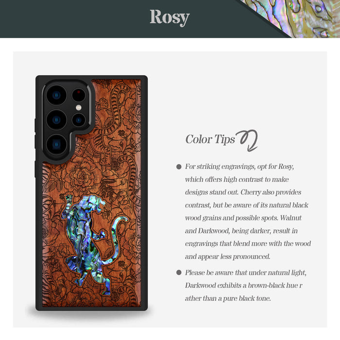 A Tiger Amidst Flowers, Hand-Inlaid Wood & Mother of Pearl Case - Artisanal Cover for Samsung Galaxy