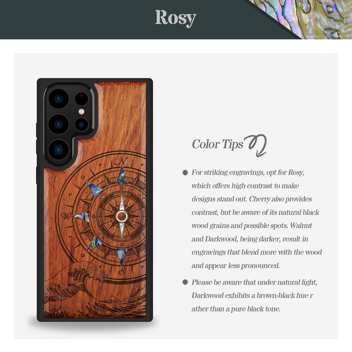 The Compass and the Wave, Hand-Inlaid Wood & Mother of Pearl Case - Artisanal Cover for Samsung Galaxy