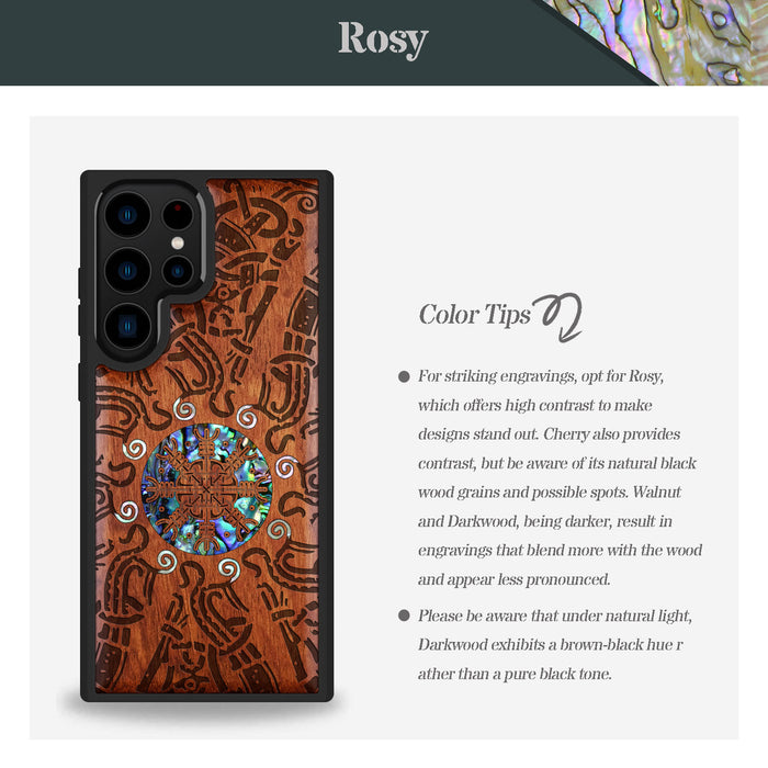 Shield of the Ancients, Hand-Inlaid Wood & Mother of Pearl Case - Artisanal Cover for Samsung Galaxy