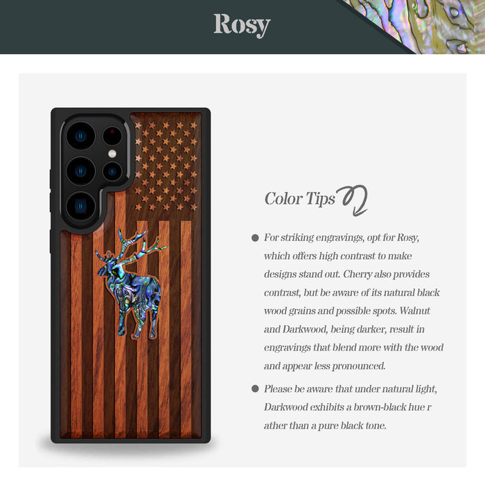 American Flag, Deer, Hand-Inlaid Wood & Mother of Pearl Case - Artisanal Cover for Samsung Galaxy