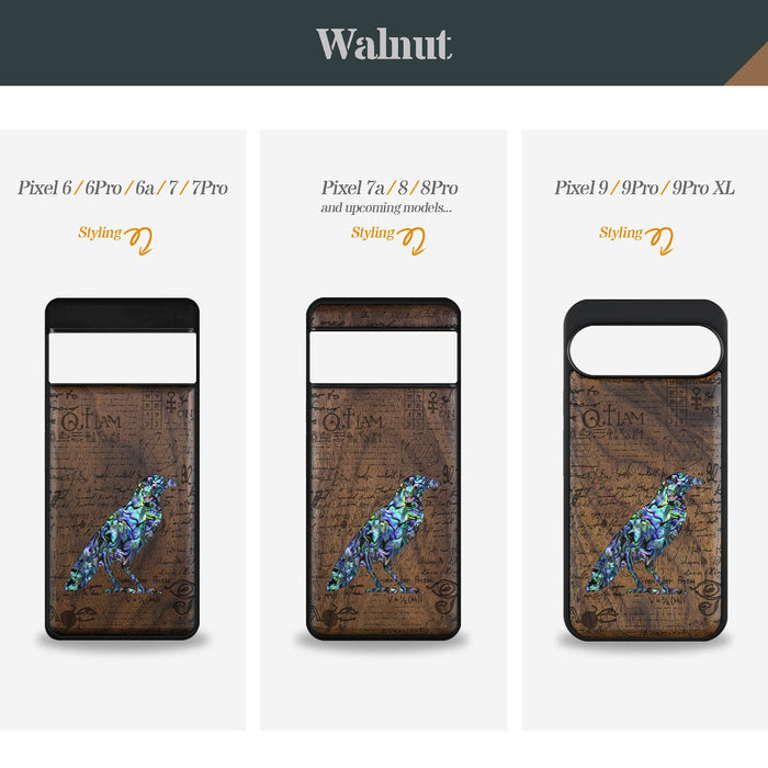 Raven Script, Hand-Inlaid Wood & Mother of Pearl Case - Artisanal Cover for Google Pixel