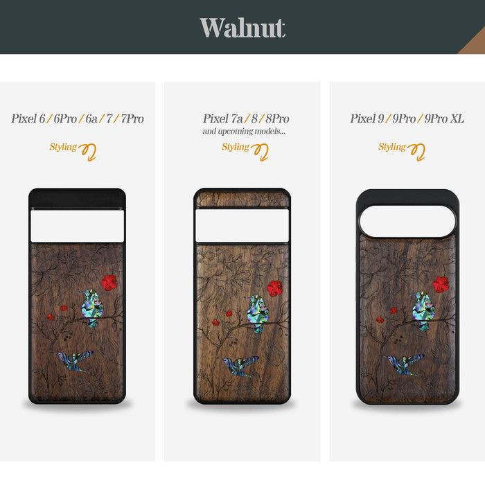 A Dance of Flora and Avian, Hand-Inlaid Wood & Mother of Pearl Case - Artisanal Cover for Google Pixel