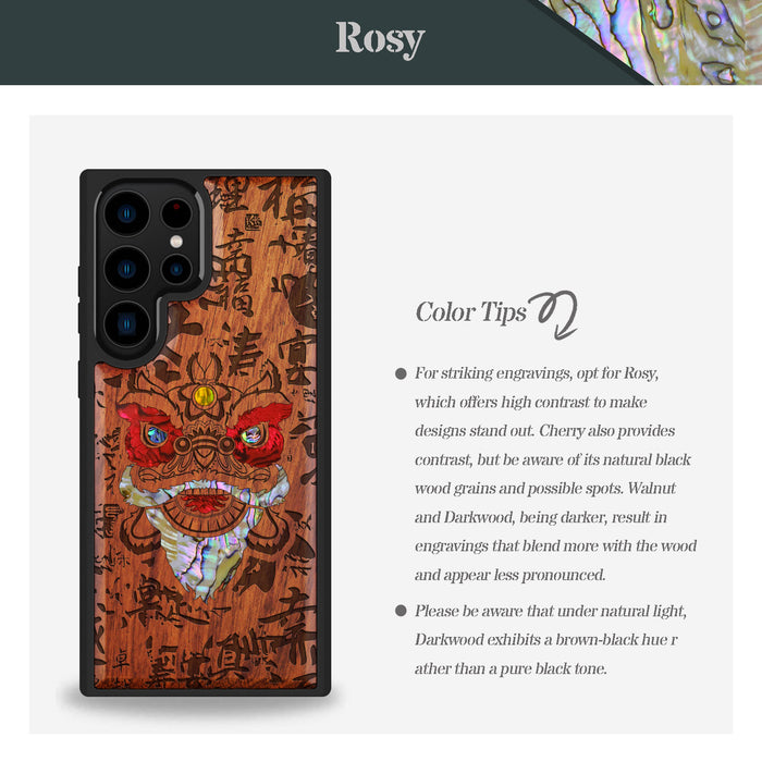 Chinese Lion, Hand-Inlaid Wood & Mother of Pearl Case - Artisanal Cover for Samsung Galaxy