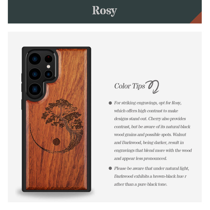 Yin Yang Bonsai Tree in Japanese Style, Classic Engraved Wood & TPU Case - Artisanal Cover for Samsung Galaxy