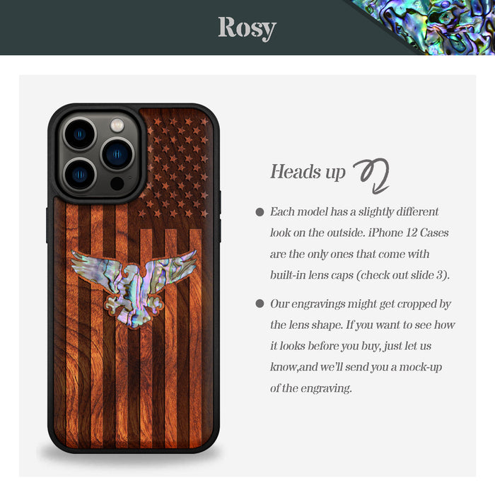 Bald Eagle and Flag, Hand-Inlaid Wood & Mother of Pearl Case - Artisanal Cover for Apple iPhone