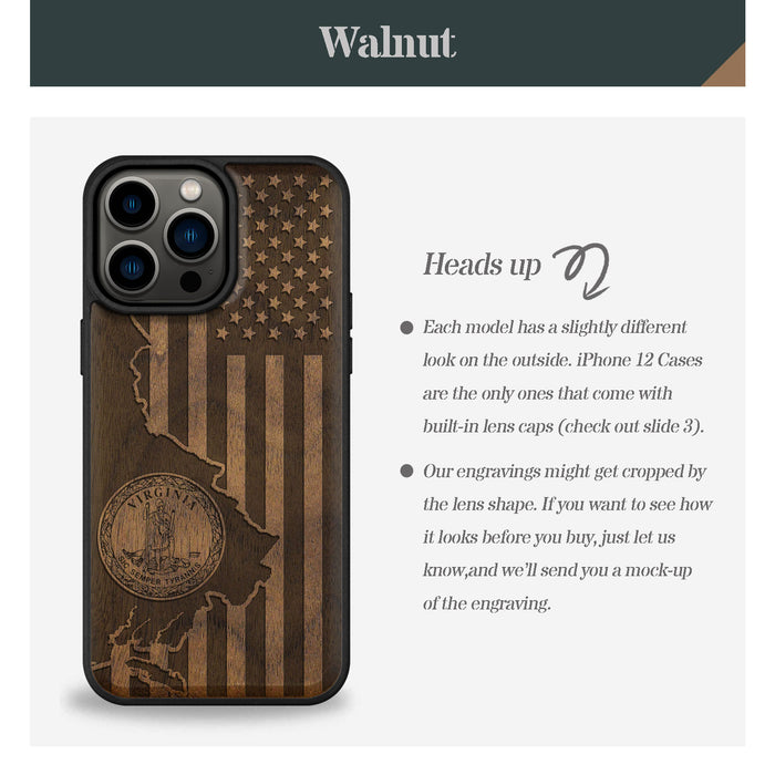 Virginia and Star Flag, Classic Engraved Wood & TPU Case - Artisanal Cover for Apple iPhone