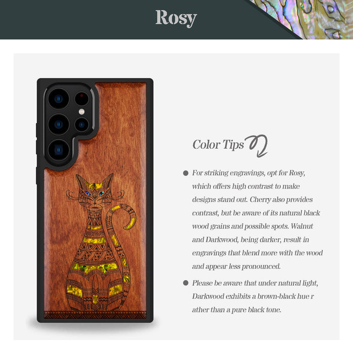 Tribal Cat Art, Hand-Inlaid Wood & Mother of Pearl Case - Artisanal Cover for Samsung Galaxy