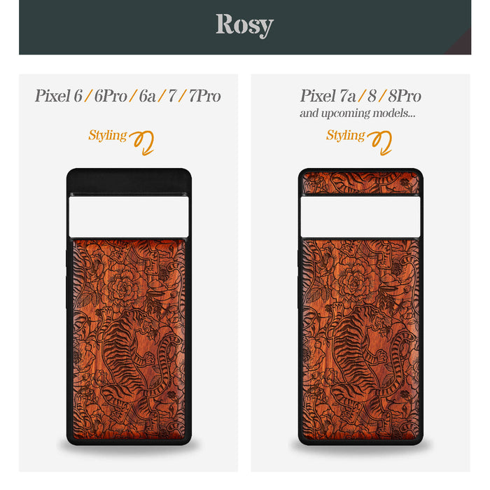 A Tiger Amidst Flowers and Vines, Classic Engraved Wood & TPU Case - Artisanal Cover for Google Pixel