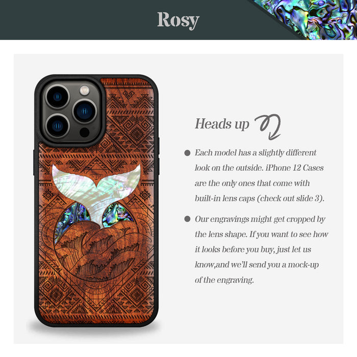 The Whale's Song Amidst Aztec Waves, Hand-Inlaid Wood & Mother of Pearl Case - Artisanal Cover for Apple iPhone