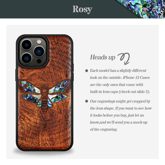 The Death Moth and Octagonal Star, Hand-Inlaid Wood & Mother of Pearl Case - Artisanal Cover for Apple iPhone