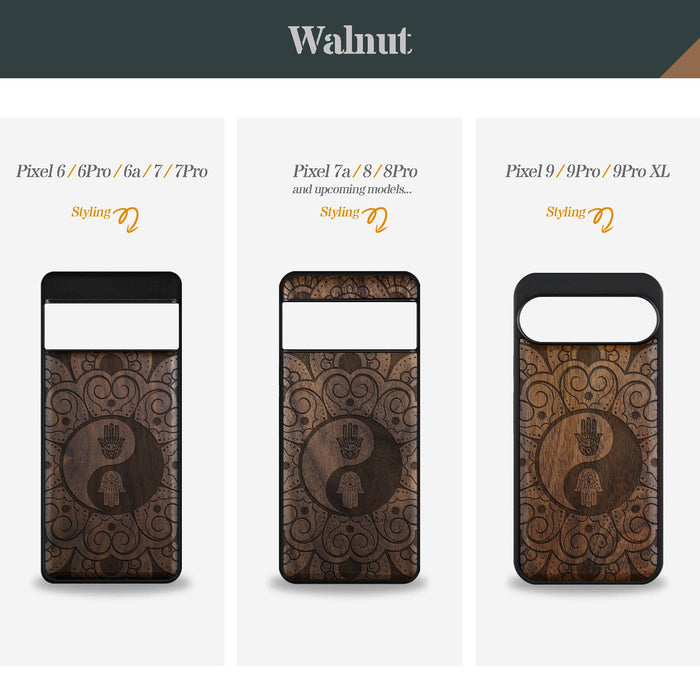 The Hamsa Yin-Yang Mandala, Classic Engraved Wood & TPU Case - Artisanal Cover for Google Pixel