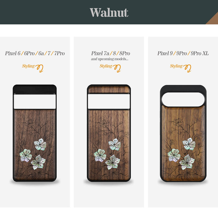 Whispering Sakura Blooms, Hand-Inlaid Wood & Mother of Pearl Case - Artisanal Cover for Google Pixel