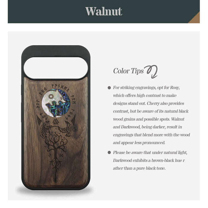Vegvísir, Ravens, and Yggdrasil, Hand-Inlaid Wood & Mother of Pearl Case - Artisanal Cover for Google Pixel