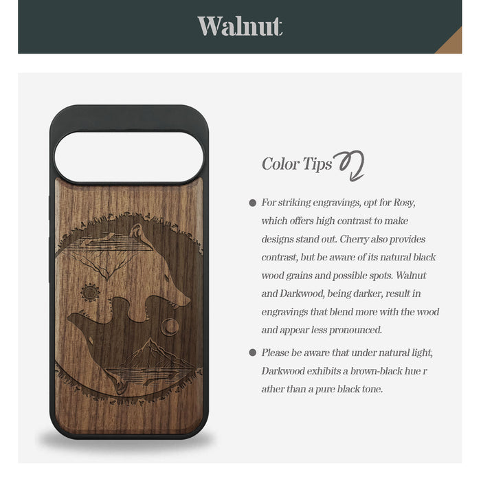 Yin-Yang Wolf, Classic Engraved Wood & TPU Case - Artisanal Cover for Google Pixel