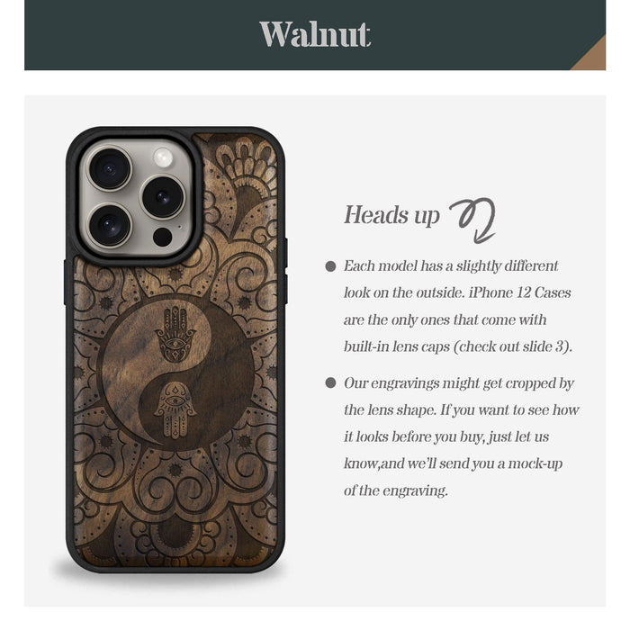 The Hamsa Yin-Yang Mandala, Classic Engraved Wood & TPU Case - Artisanal Cover for Apple iPhone