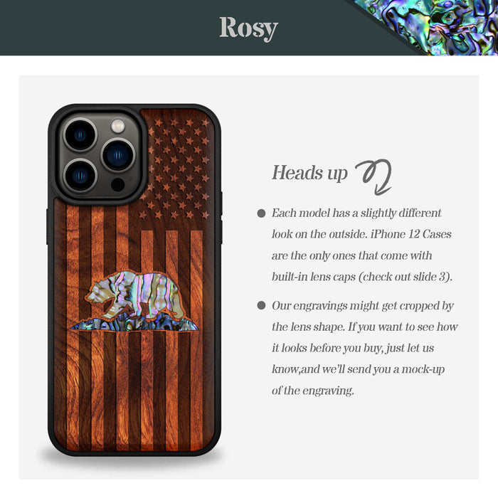 American Flag, Bear, Hand-Inlaid Wood & Mother of Pearl Case - Artisanal Cover for Apple iPhone