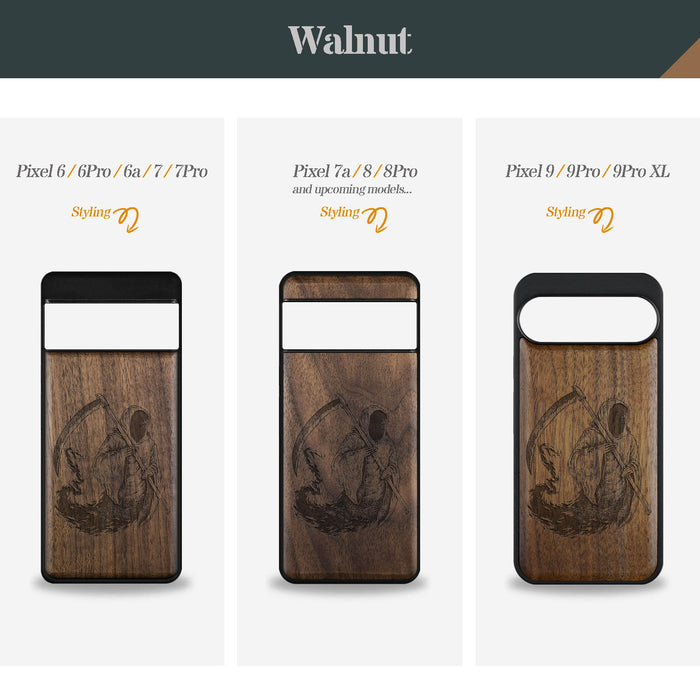 The Grim Reaper, Classic Engraved Wood & TPU Case - Artisanal Cover for Google Pixel