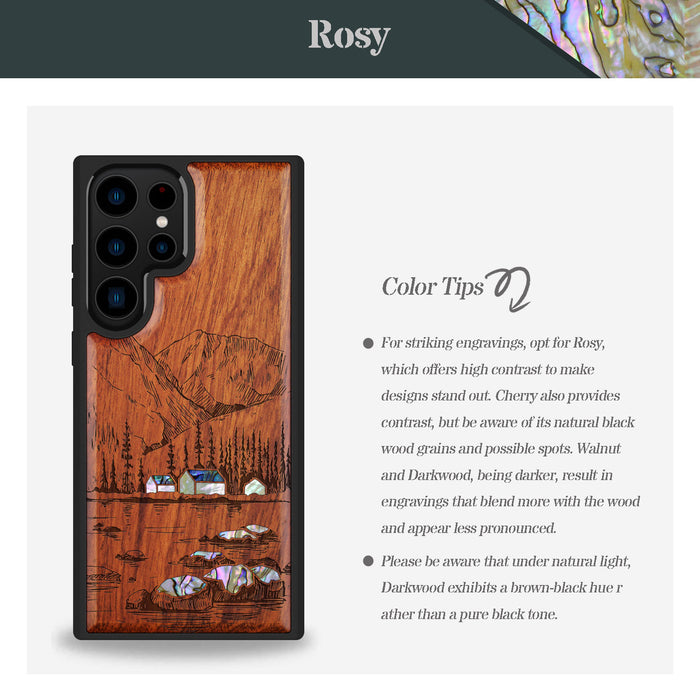 Mountains, Lake, and Village Life, Hand-Inlaid Wood & Mother of Pearl Case - Artisanal Cover for Samsung Galaxy