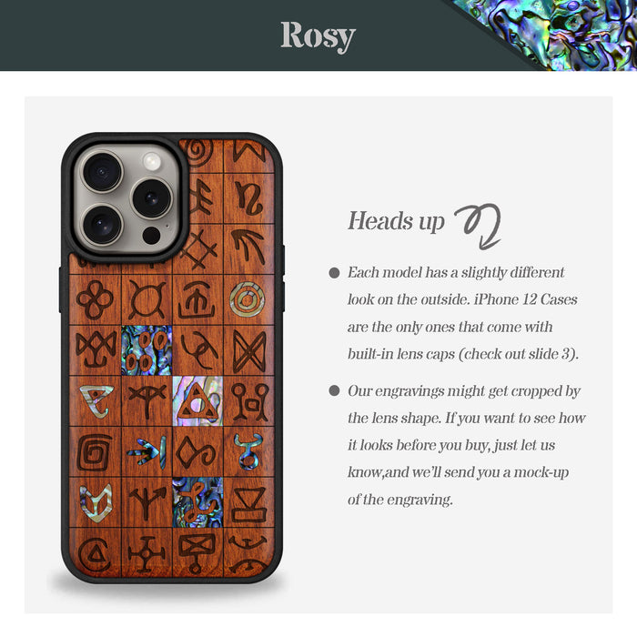 Mystical Runes, Hand-Inlaid Wood & Mother of Pearl Case - Artisanal Cover for Apple iPhone