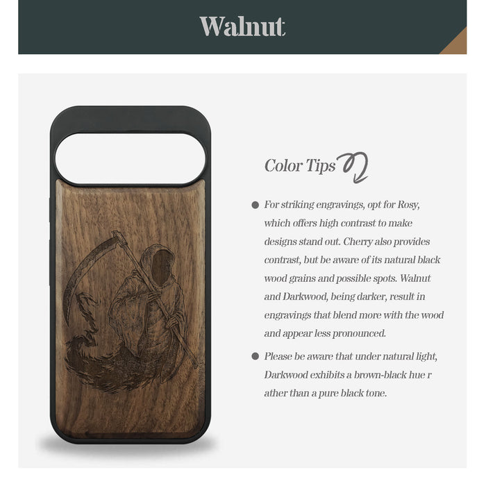 The Grim Reaper, Classic Engraved Wood & TPU Case - Artisanal Cover for Google Pixel